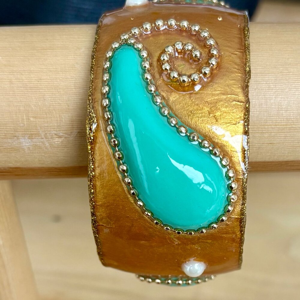 Artisan Statement Bracelet Iris Design Turquoise & Gold Wide Bangle